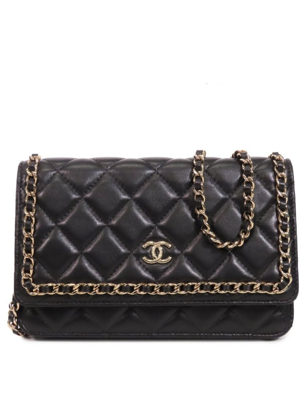 Chanel Chain Black Gold Lambskin Quilted Wallet Pochette Shoulder Bag